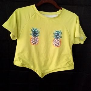 Swim shirt, crop top, yellow w/ pineapples on it, juniors size large